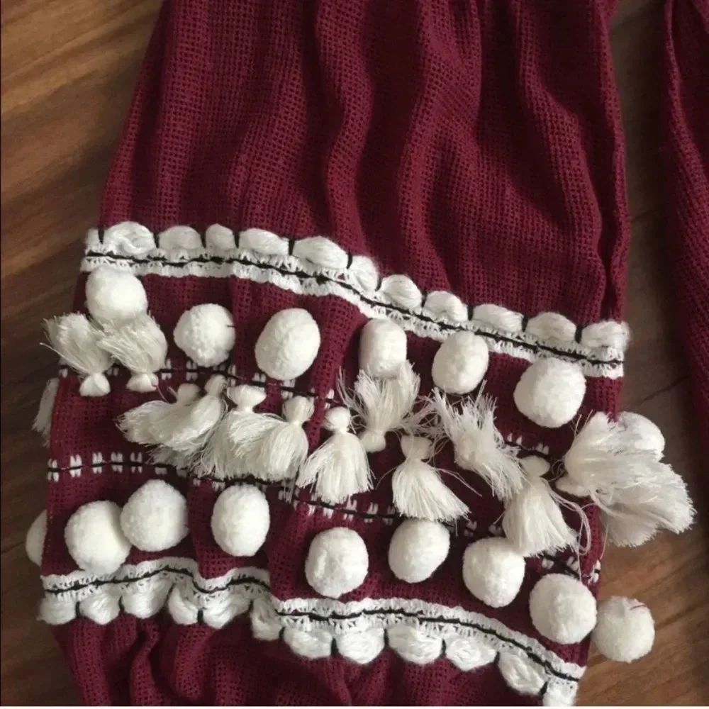 Anthropologie Burgundy Peasant Blouse with White Tassels